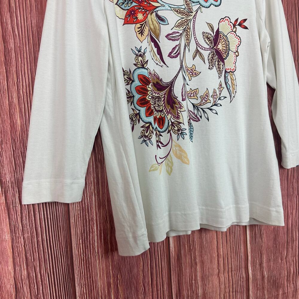 Chico's V-Neck Top Botanical Floral Print Ivory 3/4 Sleeves Artsy Size 2 / US L‎ - Picture 4 of 7